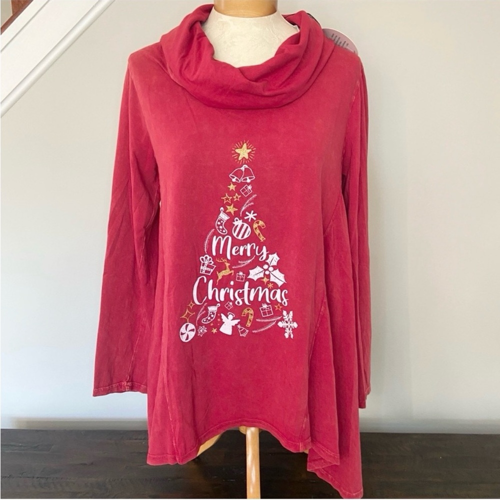 Doodle by Inoah Vintage Red Cowl Neck Merry Christmas Long Sleeve Tee Small NWT